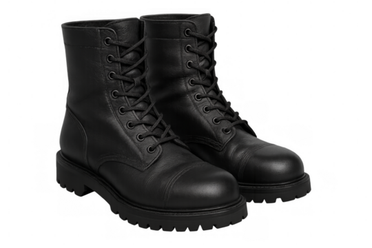Pair of black leather boots isolated on transparent background