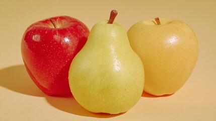 Vibrant Still Life: Red Apple, Yellow Pear, and Golden Apple