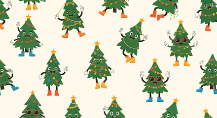 Joyful Christmas trees dancing and celebrating with festive lights and happy vibes, perfect for holiday projects