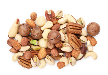 Mix of different nuts isolated on white, top view