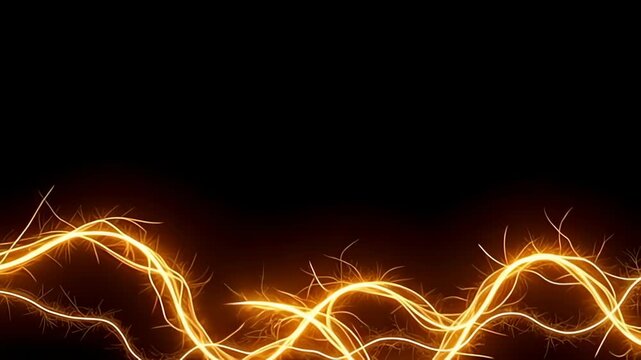 Set against an isolated pure black background, the Electric wire Border Frame snaking in zigzag paths pulsates rhythmically, surrounded by fluid strands of golden light that weave and