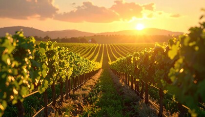 Naklejka premium Lush Green Vineyard Rows Under Golden Sunset Light Cinematic Agricultural Landscape Sunlit Scenery Rich Colors Scenic Beauty and Tranquil Atmosphere Warm Hues