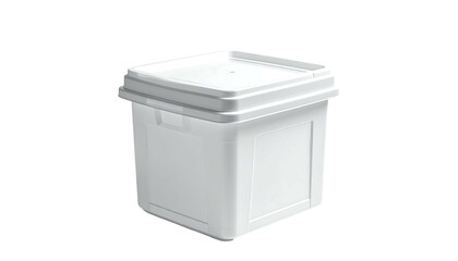 A square, white plastic container with a hinged lid and small handle, suitable for storage or transport of dry goods