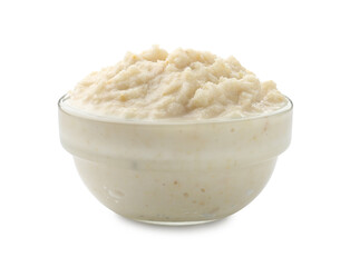 Tasty horseradish sauce in bowl isolated on white