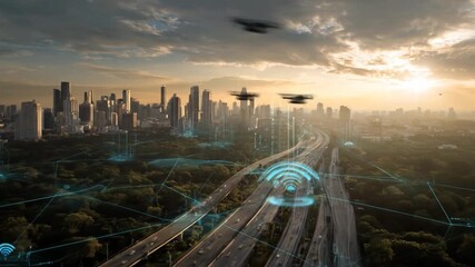 High angle shot of cityscape with digital overlays on trees and highway with drone swarm - Powered by Adobe