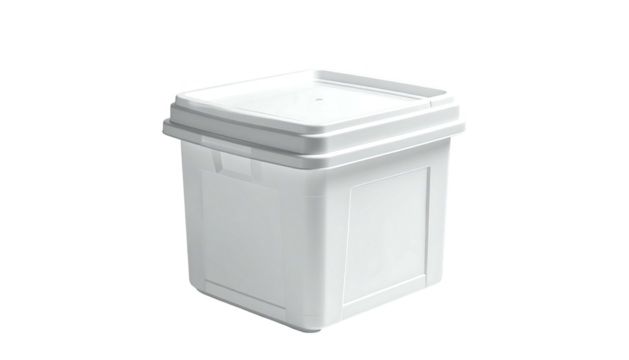 A square, white plastic container with a hinged lid and small handle, suitable for storage or transport of dry goods