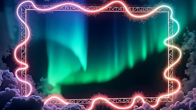 Dramatically illuminated, the Electric wire Border Frame snaking in zigzag paths creates a focal point of intrigue as it rotates slowly, surrounded by a dynamic ballet of swirling clouds of