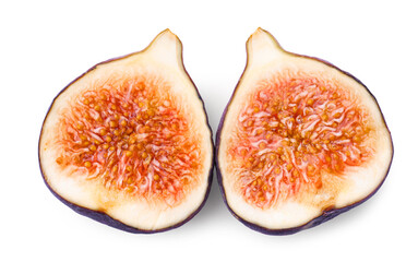 Halves of sweet ripe fig isolated on white, top view