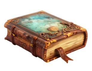 Antique leather-bound book with celestial cover art; aged, ornate, golden details; moon, stars, clouds depicted; thick pages, worn leather; clasp closure, leather strap
