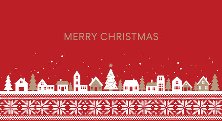 Festive Merry Christmas greeting card template with charming snowy village and traditional Nordic pattern design against a vibrant red background