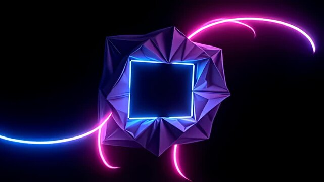 A bold, geometric folded origami Border Frame morphing with shadows leaps into focus, augmented by sweeping arcs of electric blue and neon pink light trails that dance dynamically around