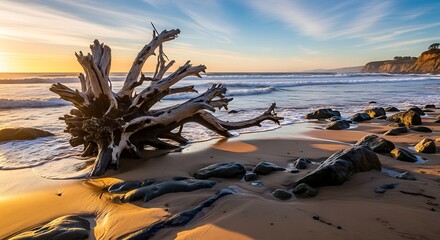 Driftwood on a Sandy Beach at Sunrise.