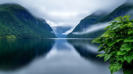 Stunning Scenic View of Norway s Majestic Fjords, Lush Greenery, and Towering Mountains at Sunset