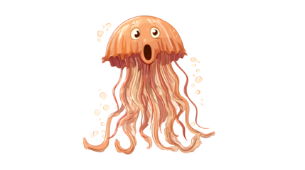 A doodle jellyfish with a surprised expression and long, wavy, smiling tentacles, isolated on a Transparent Background