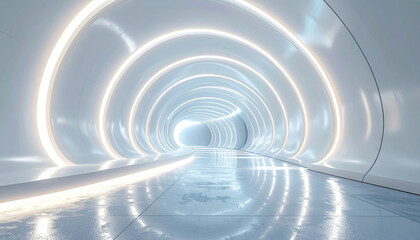 Obraz premium Futuristic sci-fi white tunnel with glowing neon lights and reflective floor