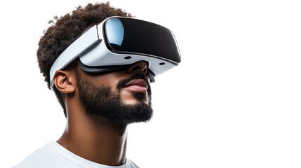 A man wearing virtual reality glasses on a transparent background.