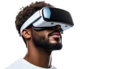A man wearing virtual reality glasses on a transparent background.