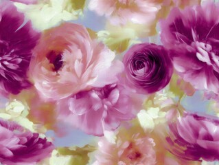 Seamless pattern with lush pink and purple flowers painted in soft brush strokes on a pastel background