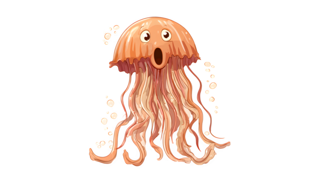 A doodle jellyfish with a surprised expression and long, wavy, smiling tentacles, isolated on a Transparent Background
