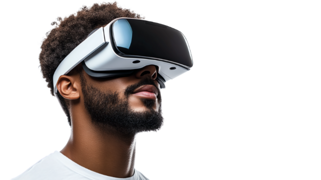 A man wearing virtual reality glasses on a transparent background.