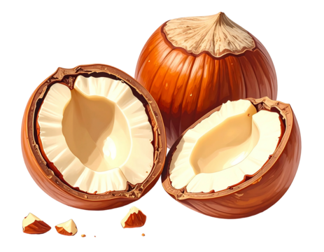 Two whole hazelnuts and two halved hazelnuts with shell fragments, rendered in a photorealistic style, showcasing the creamy interior and textured shell