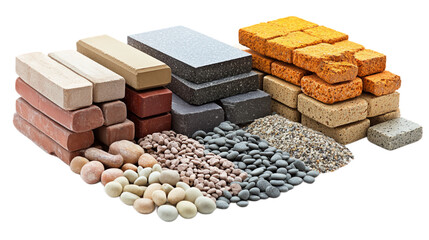 PNG Collection of building materials, including bricks, stones, slabs, pebbles, and decorative elements for exterior and interior work. For topics related to construction, cladding, renovation