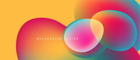 Abstract vibrant circles overlap yellow backdrop. Gradient hues create modern design, suitable for digital projects. Smooth transitions, dynamic composition.
