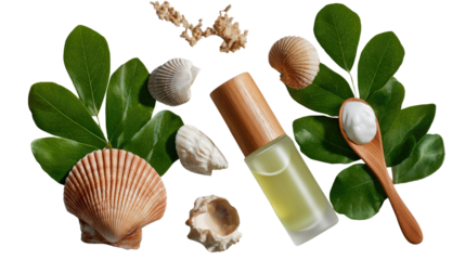 Serene Marine Elixir: A delicate, inviting composition, featuring seashells, pristine leaves, and a translucent bottle. Infused with the promise of tranquility, nature's essence, and marine serenity.