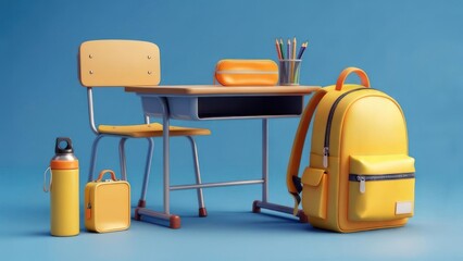 Bright yellow backpack and lunchbox by school desk with pencils, inviting back to school excitement and learning adventures