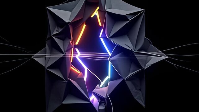In a fluid motion, the Folded origami Border Frame morphs with shadows, its angles revealing intricate layers, as shimmering strands of radiant light weave in and out, pulsating in a vibrant