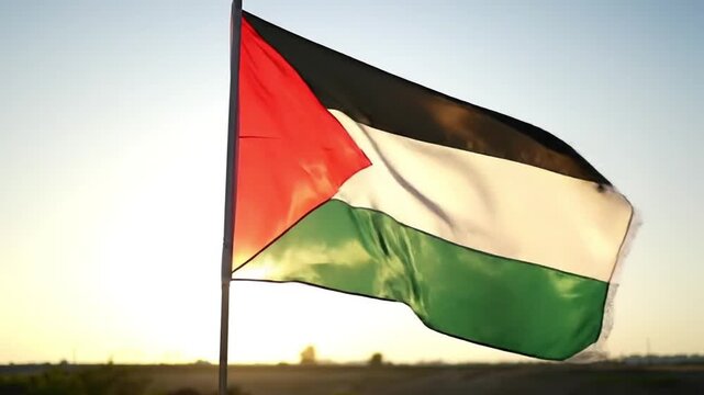 The national flag of Palestine waving in the wind against a beautiful golden sunset, a symbol of hope and identity