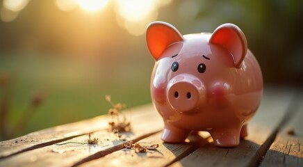 Pink piggy bank sitting on a wooden table