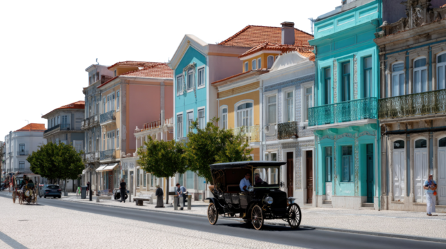 Charming Streetscape: A picturesque street lined with colorful buildings, classic cars and old european vibes. Evoking a sense of history, travel and old urban life.