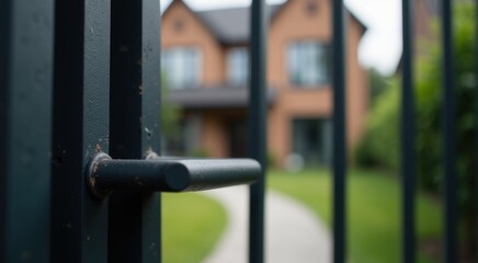 Gate handle and bars blurred house facade behind