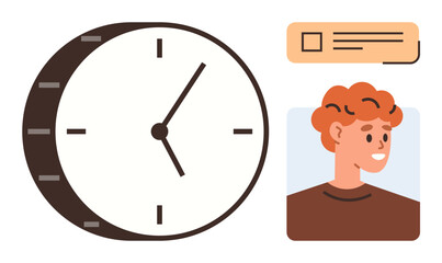 Large clock with bold indicators, smiling person portrait, and notification text. Ideal for time management, punctuality, planning, routines, productivity schedules organization. Simple flat