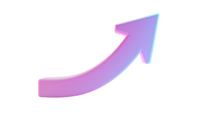 A vibrant, curved, upward-pointing arrow rendered in a smooth, glossy, pastel purple-pink gradient.  The arrow has a three-dimensional appearance