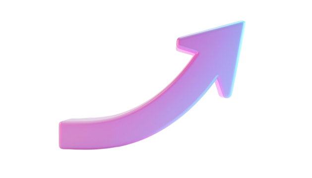 A vibrant, curved, upward-pointing arrow rendered in a smooth, glossy, pastel purple-pink gradient.  The arrow has a three-dimensional appearance