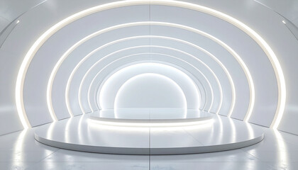 Futuristic white circular stage with glowing neon arches in a modern empty showroom for product presentation. Abstract sci-fi background