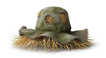 A weathered scarecrow hat sits, showcasing its rustic charm with straw spilling out on white background. Feedio_Whisk_1758522176131_tvvugm