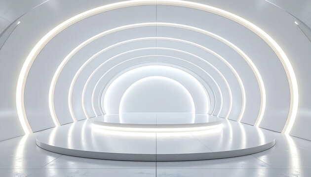 Futuristic white circular stage with glowing neon arches in a modern empty showroom for product presentation. Abstract sci-fi background