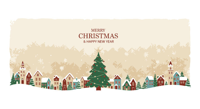 Charming Christmas village scene with festive tree, perfect for holiday greetings and winter promotions, capturing the joy of the season