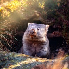 Un wombat curioso asoma de su madriguera.