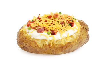 Tasty baked potato with sour cream, green onion, cheese and bacon isolated on white