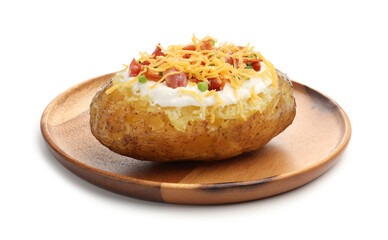 Tasty baked potato with sour cream, green onion, cheese and bacon isolated on white