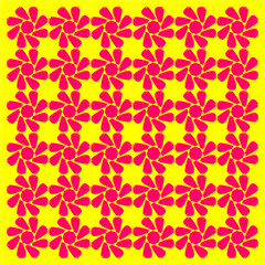 Vivid crimson petals swirl against golden light, forming endless spirals of joy, energy, rhythm, and harmony in a dazzling patterned dance.