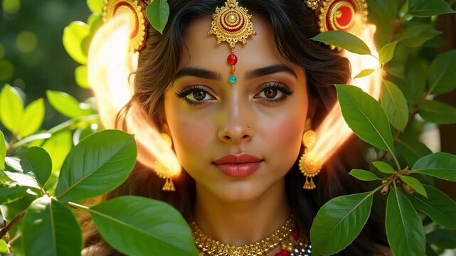 Divine Bhudevi in 4k video, Hindu goddess of earth with leafy aura, serene beauty, spirituality, meditation, and ancient cultural reverence