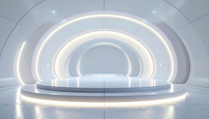 Obraz premium Futuristic empty white stage with glowing circular neon lights for product presentation in a modern minimalist showroom interior