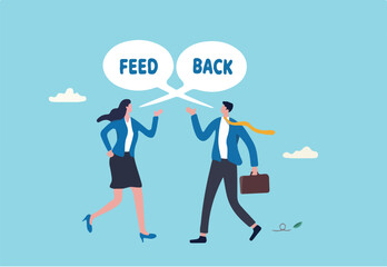Employee feedback, opinion or colleague voice for improvement, message discussion, telling or comment each other, appraisal or review process, businessman and woman telling feedback to each other