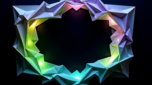 In a breathtaking display, the Folded origami Border Frame morphing with shadows presents itself, accentuated by radiant glimpses of soft lavender and bright chartreuse that flicker and