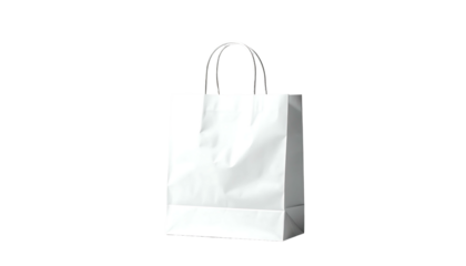 A pristine white paper shopping bag with twisted-loop handles stands on a black background.  It's small, simple, and seemingly empty